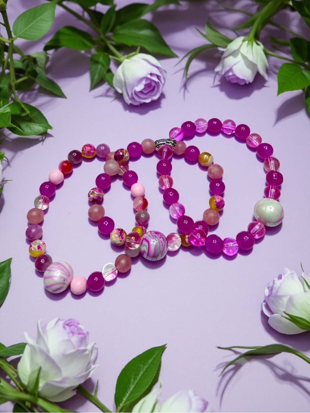 Hand Crafted Fuchsia and Pink Beaded Bracelet Set